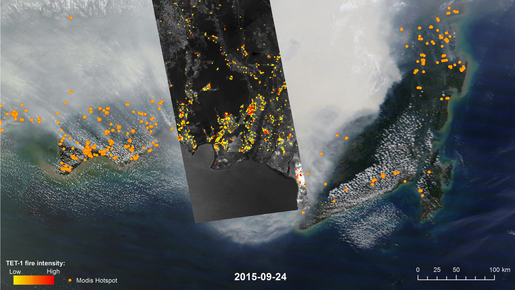An image taken by German satellite TET-1, superimposed over one taken by NASA's MODIS, show just how many fires in Indonesia there were on September 24, 2015. DLR    