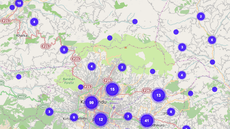 Kathmandu Living Labs' earthquake site collects data about conditions and needs. Each blue dot represents the number of reports of help wanted — medical, food, water or shelter — near Kathmandu. Kathmandu Living Labs